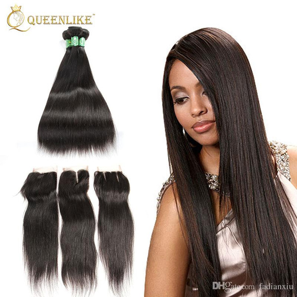 Unprocessed Brazilian Virgin Human 4x4 Hair Clousre With 3 Bundles Silk Sliky Straight 1B Color For Black Women New Arrival Queenlike 7A