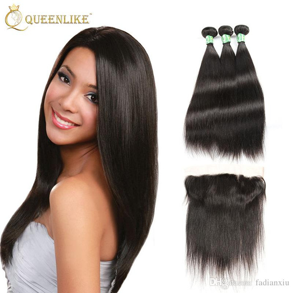 Unprocessed Brazilian Virgin Human 13x4 Hair Lace Frontal Clousre With 3 Bundles Silk Sliky Straight 1B Color Dyeable New Arrival Queenlike