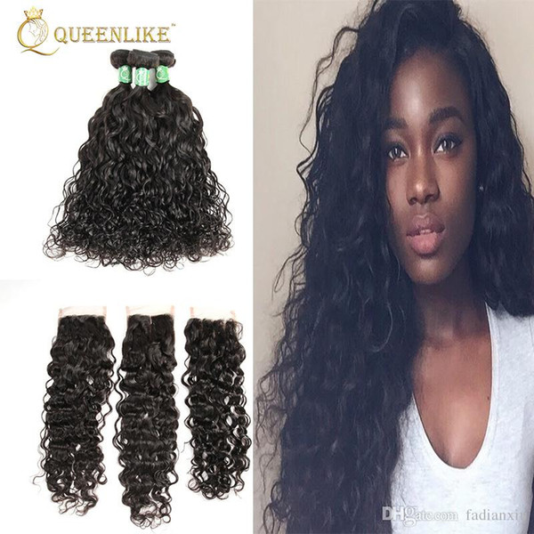 Unprocessed Peruvian Virgin Human 4x4 Hair Clousre With 3 Bundles Water Wave 1B Color Wedding Cheap Queenlike 7A Silver Grade