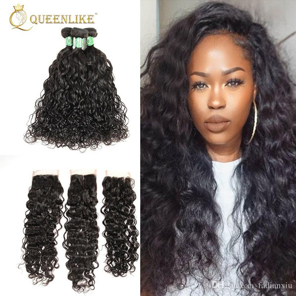 Unprocessed Raw Temple Indian Virgin Human 4x4 Hair Clousre With 3 Bundles Water Wave 1B Color Wedding Supplier Queenlike 7A Silver Grade