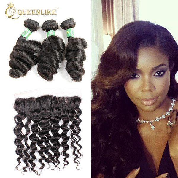 Unprocessed Brazilian Virgin Human 3 Hair Bundles With 13x4 Lace Frontal Closure Loose Wave 1B Color Wedding Soft Smooth Cheap Queenlike 7A