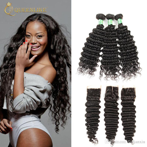 Unprocessed Brazilian Virgin Human 3 Hair Bundles With 4x4 Closure Deep Wave 1B Color Wedding Online Vendors Queenlike 7A Silver Grade