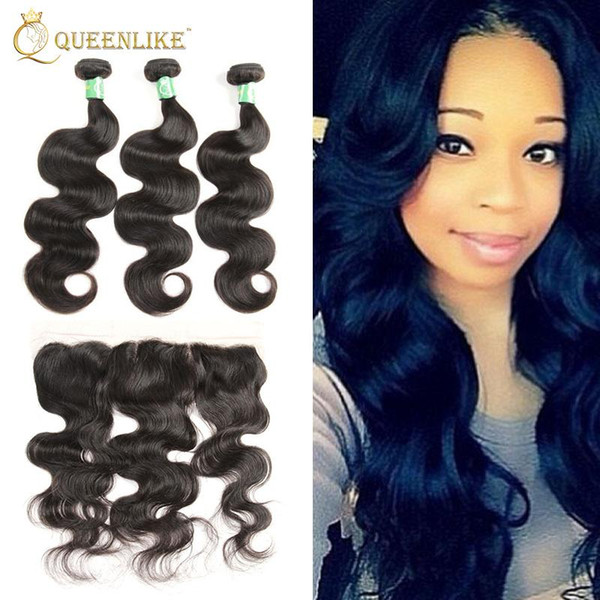 Unprocessed Brazilian Virgin Human 3 Hair Bundles With 13x4 Lace Frontal Closure Body Wave 1B Color Wet And Wavy Free Shipping Queenlike 7A