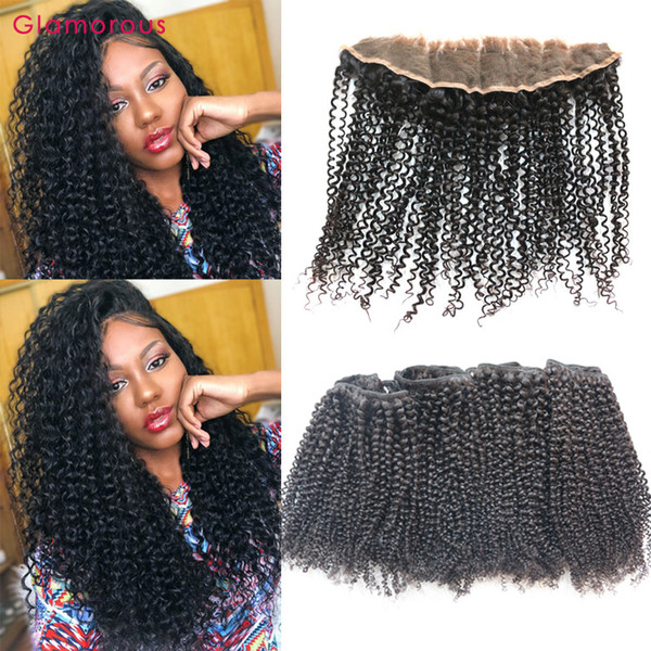 Glamorous Cambodian Human Hair Weaves with Lace Frontal 13x4 Ear to Ear Lace Frontal Indian Mongolian Exotic Kinky Curly Human Hair 5Pcs/Lot