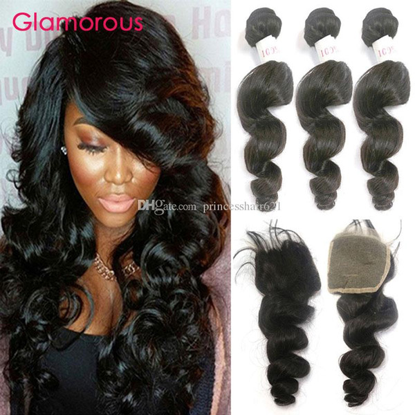 Glamorous Brazilian Hair Weaves with Top Lace Closure 4Pcs/Lot Brazilian Loose Wave Hair Closure with Human Hair Weave Bundles 