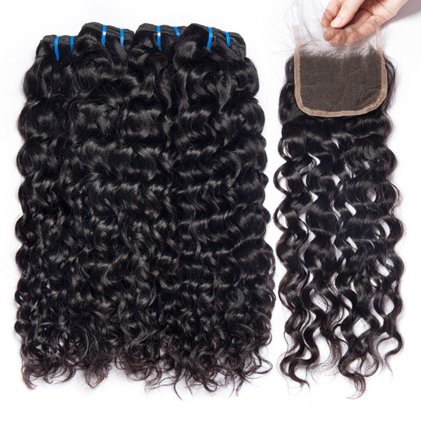 Water Wave 4 Bundles With Closure Human Hair Bundles with Closure Middle Part modernshow Malaysian Human Hair Non Remy Weave