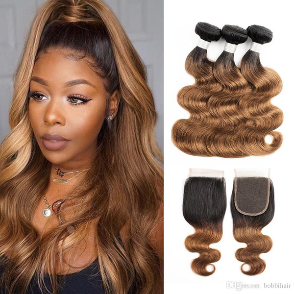 Ombre Brown Hair Bundles With Closure 1B 30 Dark Roots Peruvian Body Wave Hair 3 Bundles With 4x4 Lace Closure Remy Hair Extensions