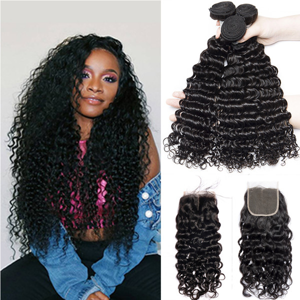 Malaysian Deep Wave Curly Bundles With Closure Remy Human Hair Extension Malaysian Human Hair 3 Bundle With Lace Closure