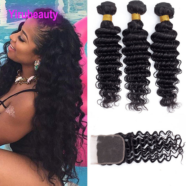 3 Bundles With 4X4 Lace Closure Deep Wave Brazilian Peruvian Malaysian Indian Virgin Human Hair 8-28inch Deep Wave 4pieces/lot