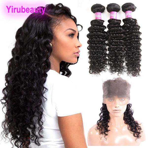 Brazilian Virgin Human Hair Deep Wave Curly 4 Pieces/lot 360 Lace Frontal With Bundles 8-28 inch Natural Color Hair Extensions