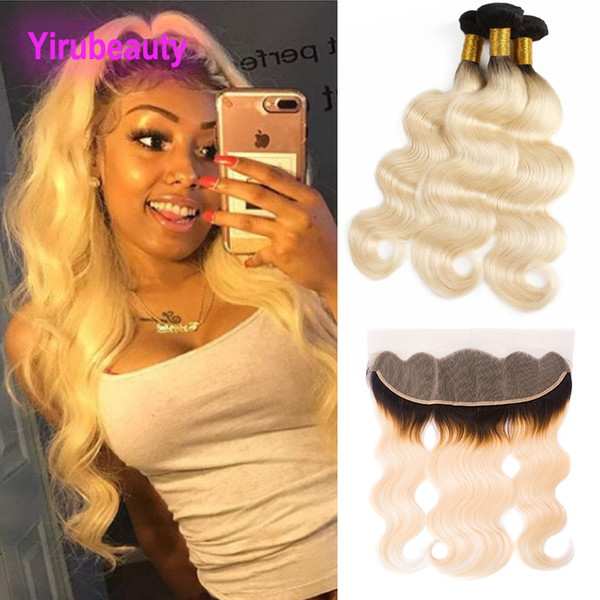 Brazilian Virgin Hair Extensions 3 Bundles With 13X4 Lace Frontal 1B/613 Blonde Human Hair 1B 613 Color Body Wave 10-26inch