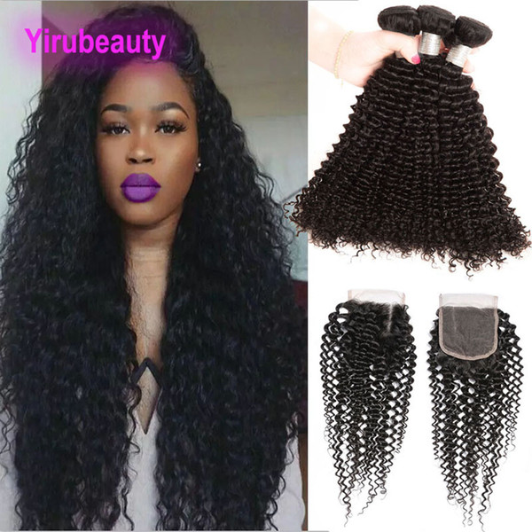 Brazilian Human Hair Kinky Curly 3 Bundles With 4 X 4 Lace Closure Kinky Curly Hair Extensions Wefts With Top Closures