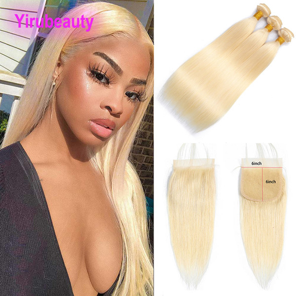 Brazilian Human Hair Three Bundles With 6X6 Lace Closure Straight 613# Blonde Hair Extensions With Six By Six Closure Middle Three Free Part