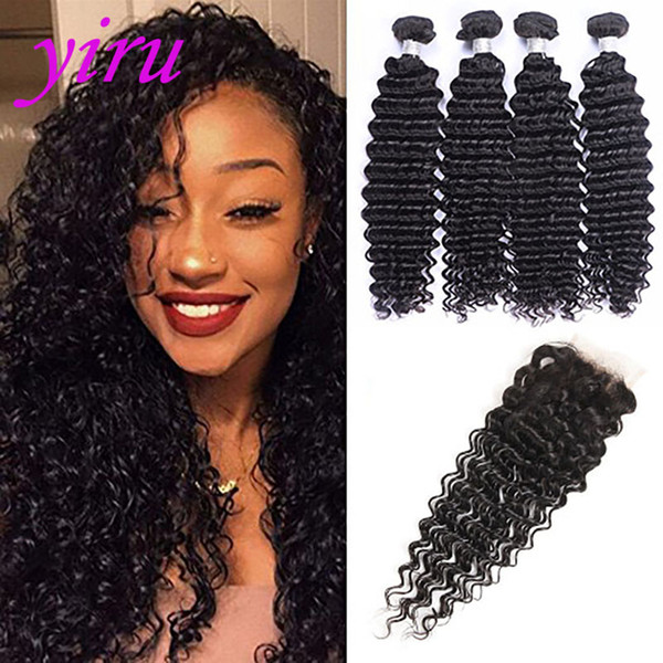 Malaysian Virgin Human Hair Deep Wave Bundles With Lace Closure 4X4 Baby Hair 4 Bundles With Lace Closure Natural Color