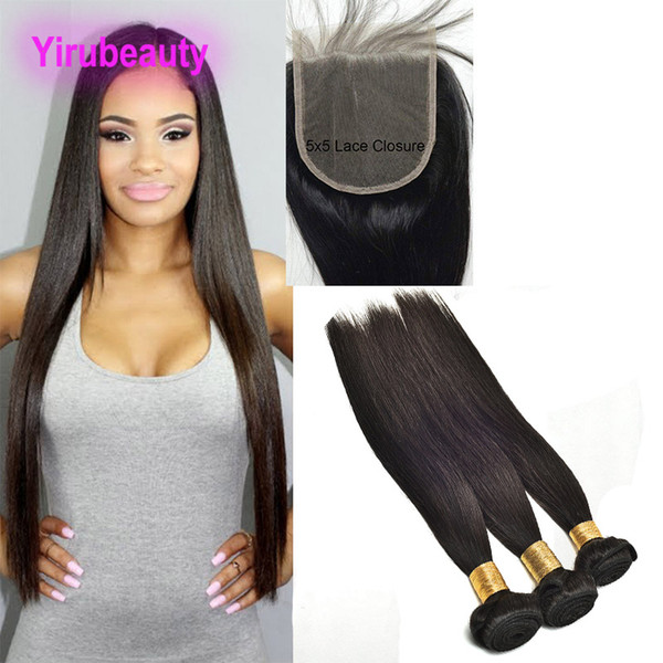 Peruvian Human Hair Bundles With Closure 5X5 Lace Closure With 3 Bundnles 8-28 Inch Straight Virgin Hair Extensions With 5*5 Closure