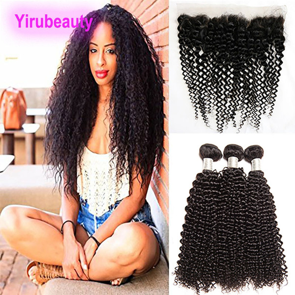 Kinky Curly 3 Bundles With Lace Frontal Indian Vrigin Human Hair Bundles With 13X4 Lace Frontal Pre Plucked Hair Extensions Wefts