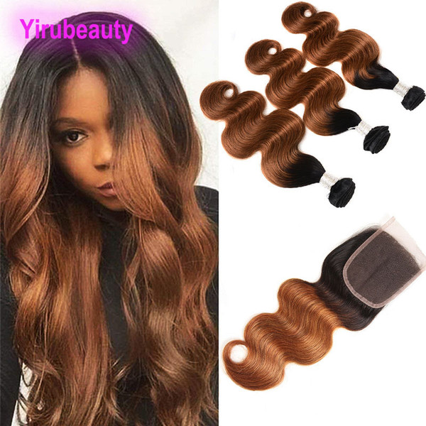 Peruvian Human Hair Bundles Ombre Hair With 4X4 Lace Closure 4 Pieces/lot Body Wave 1B/30 Bundles With Closure Middle Three Free Part