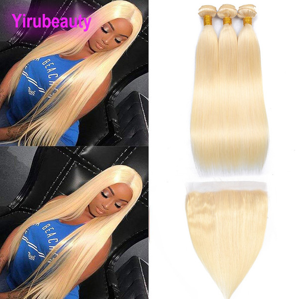 Peruvian Human Hair 613# Straight Lace Frontal Pre Plucked With Bundles 8-28inch Silky Straight 613# Color 4Pieces/lot Hair Weaves