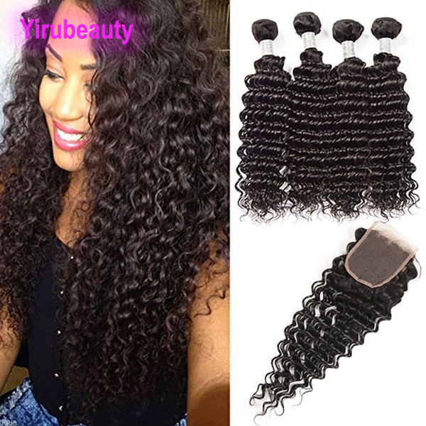 Peruvian 4 Bundles With 4X4 Lace Closure Human Hair 4 Pieces/lot Deep Wave Curly Lace Closures With Bundles 8-28inch