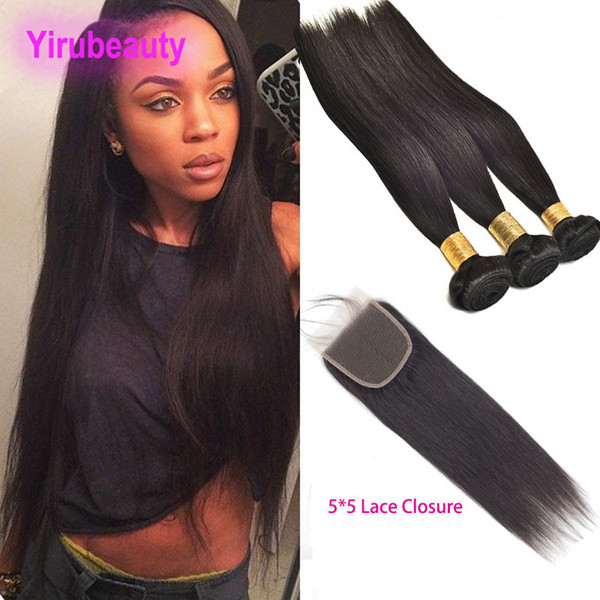 Malaysian Virgin Hair 3 Bundles With 5*5 Lace Closure Natural Color Straight Human Hair Bundles With 5x5 Closure With Baby Hair Wefts