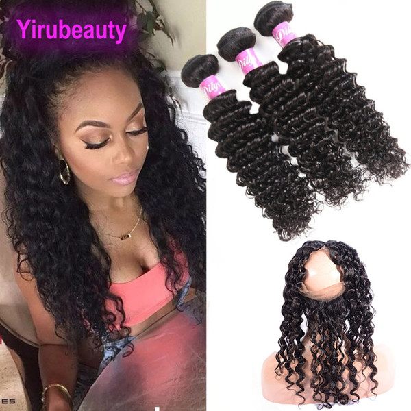 Peruvian 100% Unprocessed Human Hair 4 Pieces/lot Bundles With 360 Lace Frontal Deep Wave Curly 22.5*4*2 Lace Band 360 Lace Frontal