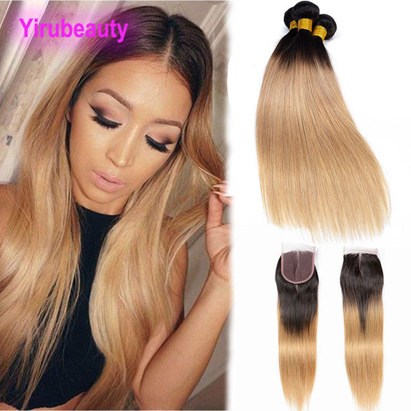 Indian Human Hair Extensions 1B/27 Straight Hair Bundles With 4X4 Lace Closure 4 Pieces/lot Straight Hair Extensions