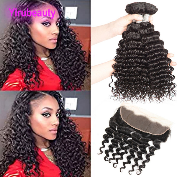 Peruvian Deep Wave 3 Bundles With 13X4 Lace Frontal Human Hair Extensions With Ear To Ear 13X4 Lace Frontal 8-28 Inch