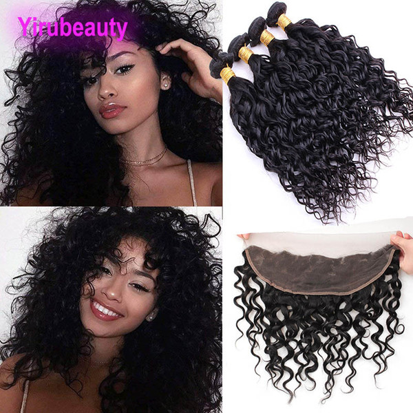 Peruvian Virgin Hair 4 Bundles With 13X4 Lace Frontal Water Wave Wet And Wavy Human Hair Bundles With Pre Lucked Ear To Ear Lace Frontal