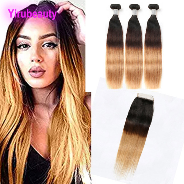 Indian Human Hair Ombre Hair 1B 4 27 Straight Silky 3 Bundles With 4X4 Lace Closure 1B/4/27 Natural Color