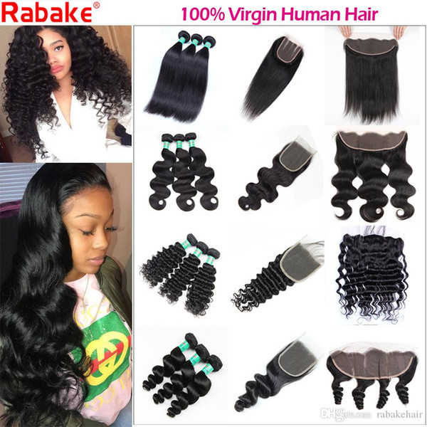 Brazilian Virgin Hair Bundles with Closure Body Wave Straight Deep Wave Loose Wave Rabake 8A 100 Unprocessed Human Hair Bundles with Frontal