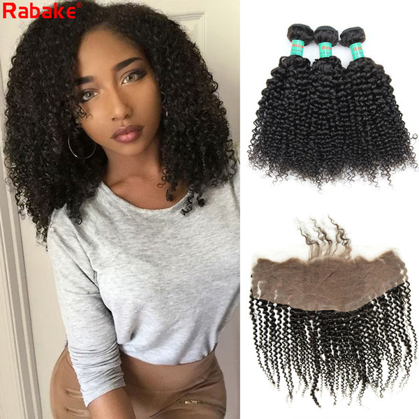 8A Grade Rabake Raw Indian Human Hair 3 Bundles with Frontal Kinky Curl Wholesale Peruvian Unprocessed Virgin Hair Bundle Deals Kinky Curl