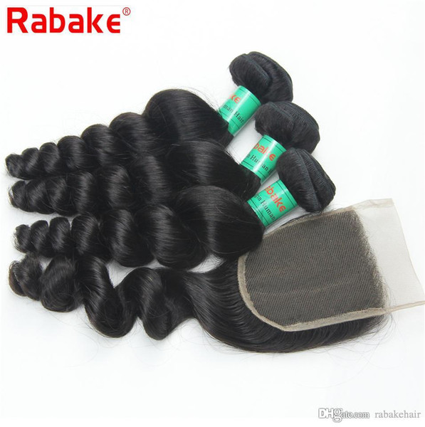 Rabake 8A Quality Brazilian Virgin Hair Bundles with Lace Closure Brazilian Loose Wave Human Hair Weave Extensions with 4x4 Top Lace Closure