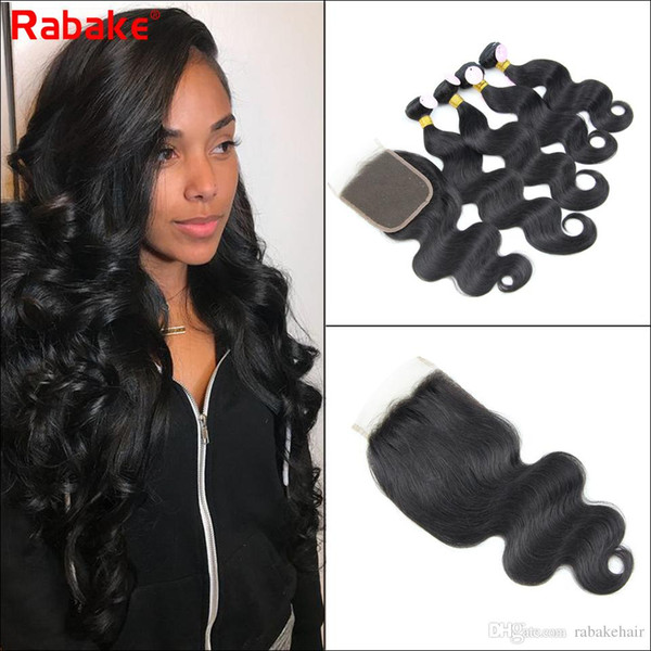 Rabake Cheap Brazilian Body Wave Virgin Hair Bundles with Closure 4 bundles 14 14 16 18inch 50g/pc with 4x4 Top Lace Closure