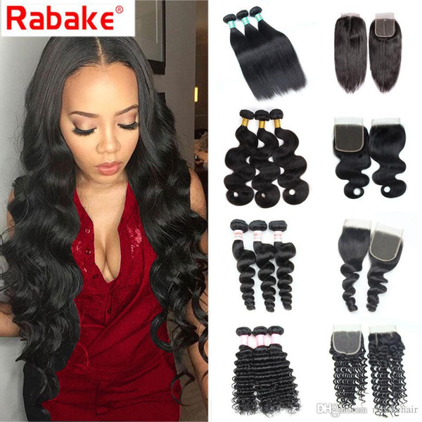 Grade 8A Unprocessed Virgin Hair Bundles with Lace Closure Rabake Body Wave Loose Wave Silky Straight Brazilian Hair Weave Bundle Wholesale