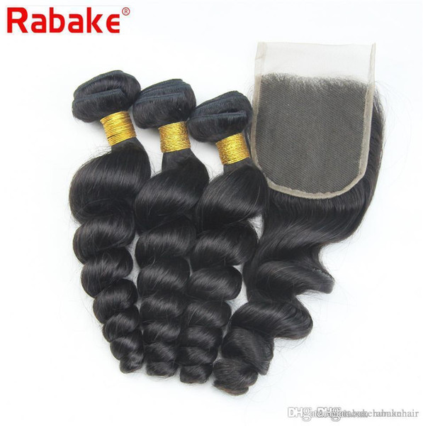 Rabake Loose Wave Malaysian Human Hair Bundles with Closure 8A Quality Malaysian Loose Wave Virgin Hair Weave Extension 4x4 Top Lace CLosure