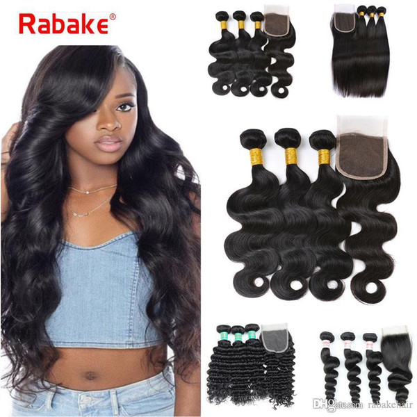 8A Brazilian Straight Virgin Hair 4 Bundles Rabake Human Hair Weave Peruvian Body Wave Loose 3 Deep Curly Bundles with 4x4 Weaves Closure