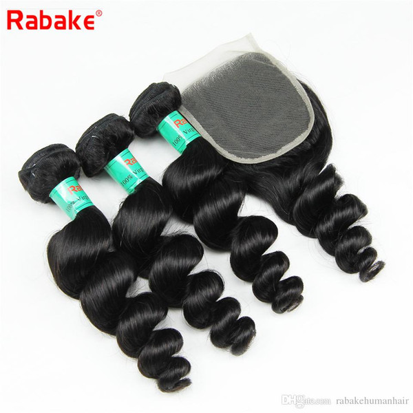 Rabake 8A Quality Brazilian Virgin Hair Bundles with Lace Closure Brazilian Loose Wave Human Hair Weave Extensions with 4x4 Top Lace Closure