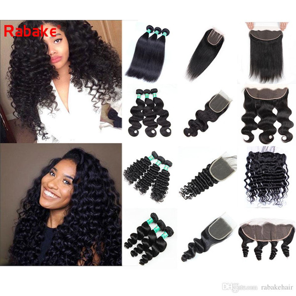 3 Bundles with Frontal Closure Rabake Brazilian Virgin Human Hair Bundles with Closure Deep Wave Body Wave Curly Weave Hair Extensions