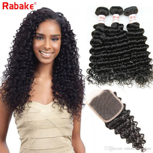 Brazilian Hair 3 Bundles with 4x4 Top Lace Closure 100% Unprocessed Virgin Deep Wave Bundles with Closure Brazilian Deep Wave Hair Extension