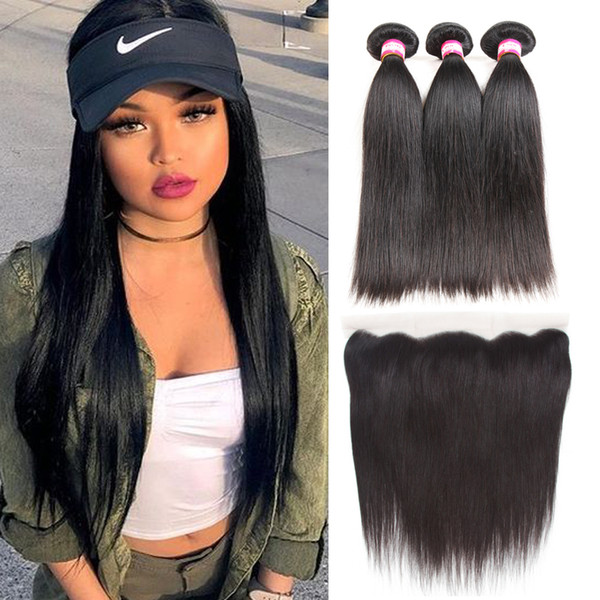 8A Unprocessed Brazilian Malaysian Peruvian Straight Virgin Hair Bundles with 13x4 Lace Frontal Closure Remy Human Hair Wefts Weaves Closure