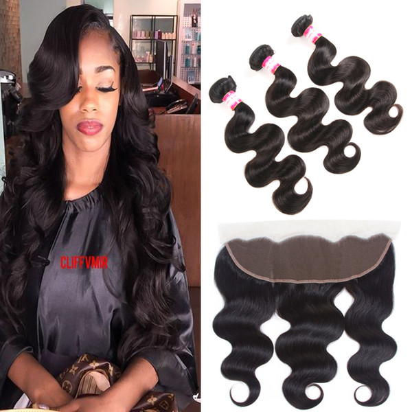 Malaysian Brazilian Virgin Hair 13x4 Full Frontal Hair Closure Body Wave and 3 Bundles Hair Weaves 8A Peruvian Lace Frontal Bleached Knots