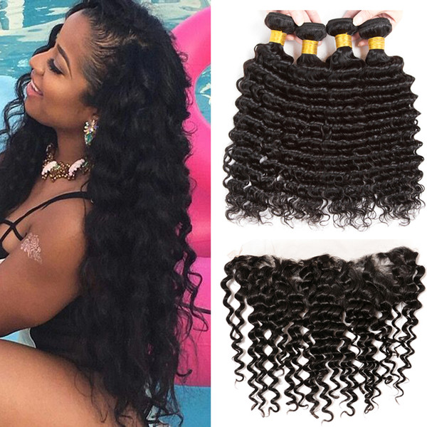 3 Bundles Deep Wave Brazilian Human Hair with Pre Plucked 13x4 Full Lace Frontal Closure 8A Brazilian Deep Curly Virgin Hair with Frontals