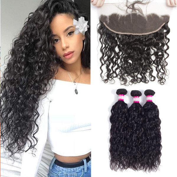 Brazilian Water Wave human hair bundles with lace Frontal Ear to Ear Lace Frontal Closure Water Virgin Hair 13x4 Frontal With Bundles