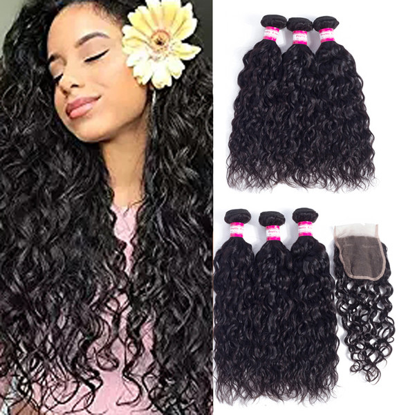 Water Wave With 4*4 Closure Natural color Water Human Hair Bundles With Closure Brazilian Water Wave Human Hair Extensions