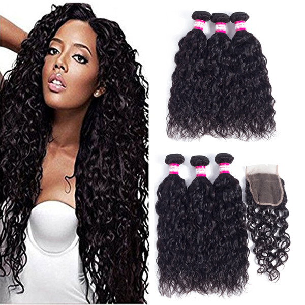 Peruvian Human Hair 3 Bundles With Lace Closure Wet And Wavy Hair Bundles With Lace Closure Water Wave Human Hair Wefts