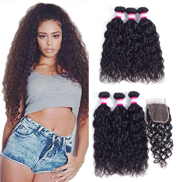 Peruvian Hair Bundles Body Deep Curly Water Wave 3Pcs Human Hair With Lace Closure Peruvian Wet and Wavy 4Pcs/Lot 4x4 Top Closure