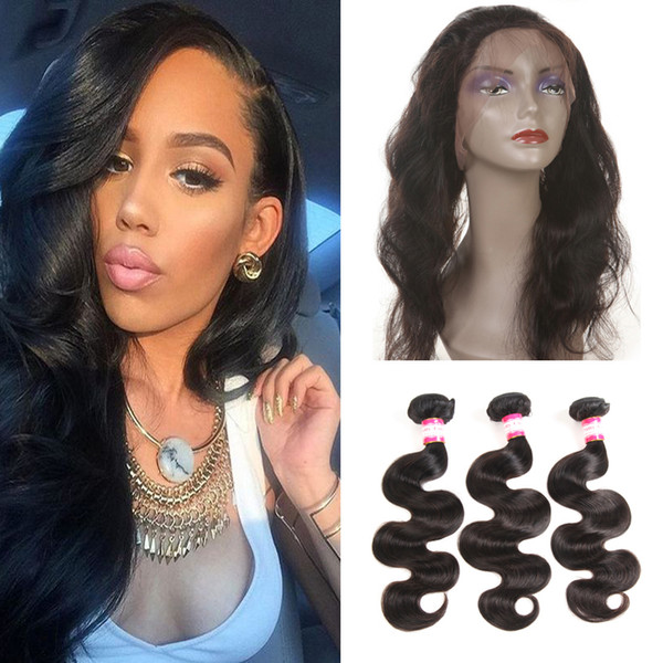 8A Malaysian Virgin Hair Body Wave bundles with frontal pre plucked 360 lace frontal closure with bundles Can be dyed Very Soft