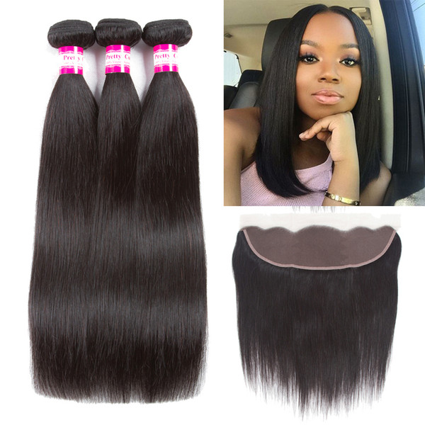 Brazilian Straight hair 3 Bundles with closure 8A unprocessed brazilian hair straight bundles with 13x4 lace frontal closure natural color