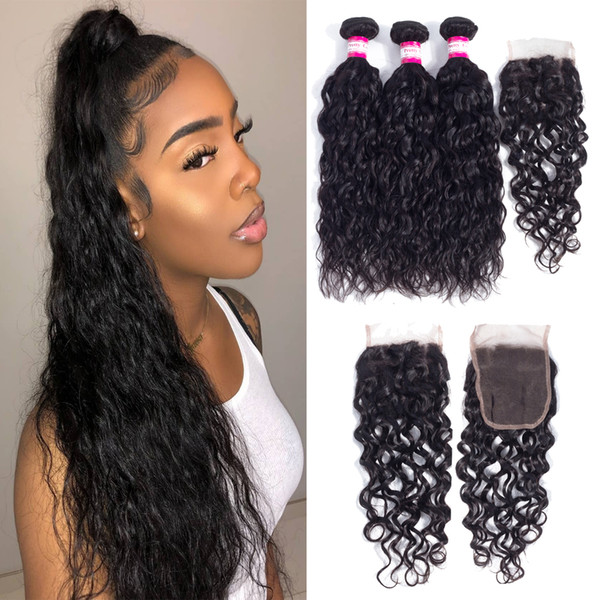 3 Bundles Water Wave with Closure Unprocessed Peruvian Remy Virgin Human Hair Weaves Natural Wave and 4x4 Lace Closure Free Middle 3 Part