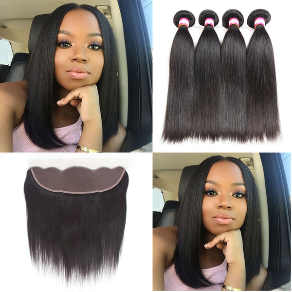 13x4 Brazilian Straight Lace Frontal Closure and Bundles 8A Brazilian Virgin Hair Straight 3 Bundles with Pre Plucked Lace Front Closures